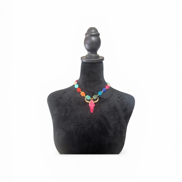 Multicolored Necklace,Pink, Gold Pendant Colorful Bull Skull Necklace,New - Picture 4 of 8